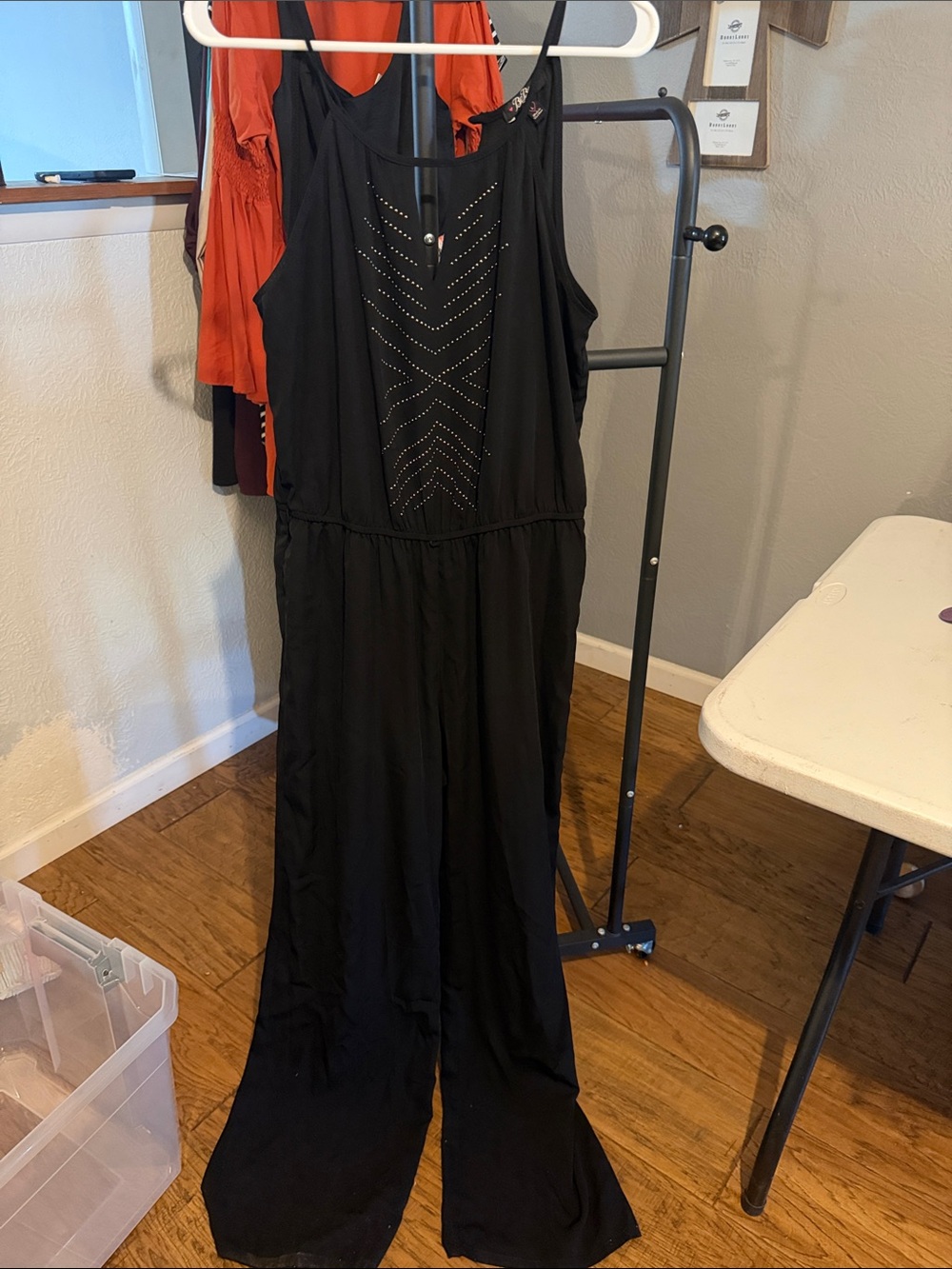 BeBop Black Sleeveless Wide-Leg Jumpsuit with Studded Chevron